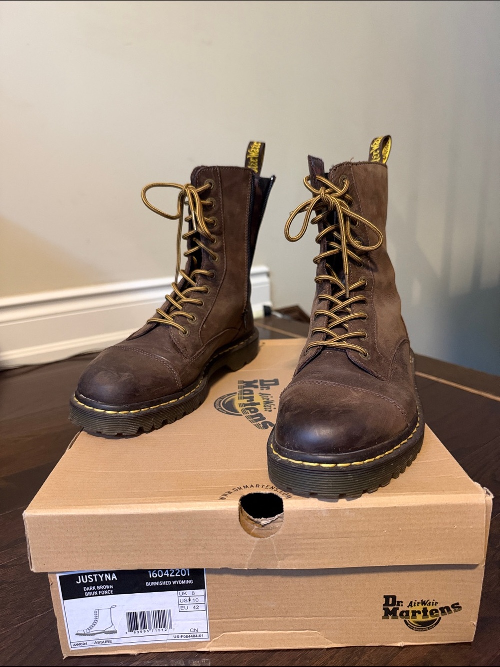 Dr. Martens Women’s Dark Brown Lace-Up Combat Boots with Yellow Stitching